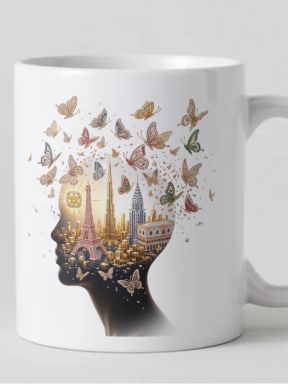 White Ceramic Mug with Gold Butterfly City Silhouette
